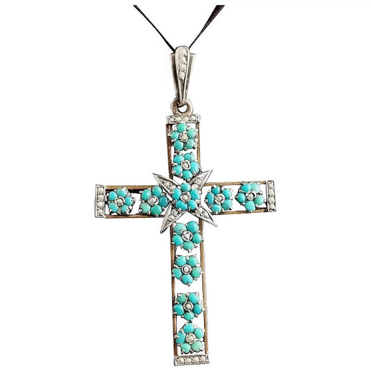 Antique Austro Hungarian Cross pendant, Turquoise, Silver and seed pearl