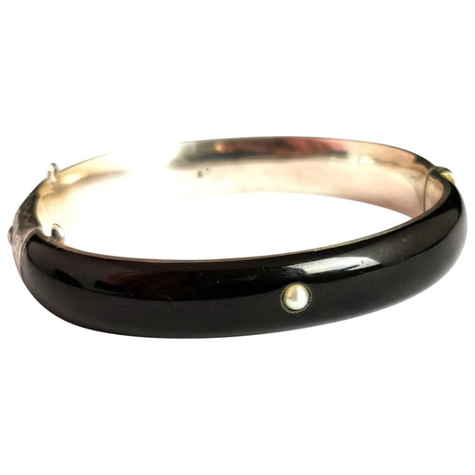Antique Victorian mourning bangle, Silver and Black enamel, seed pearl