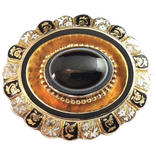 Antique Banded agate mourning brooch, 9ct gold, hairwork, Black and White enamel, Victorian