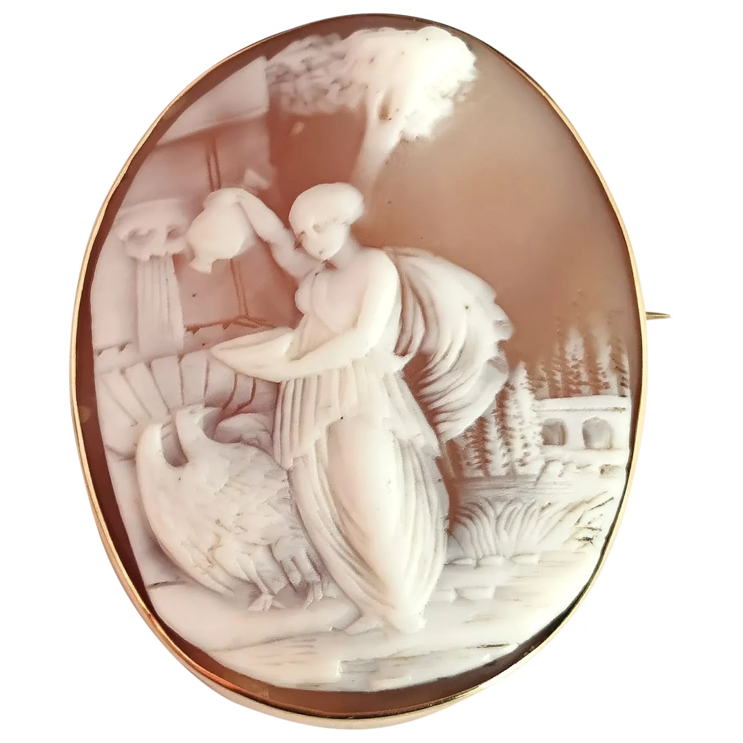 Antique cameo brooch, 9ct gold, Hebe and the Eagle