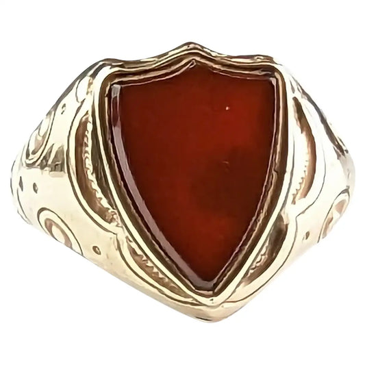 Antique Carnelian signet ring, shield shaped, Edwardian, engraved 9ct gold