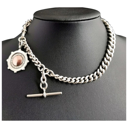 Antique silver Albert chain, chunky curb link, watch chain, fob