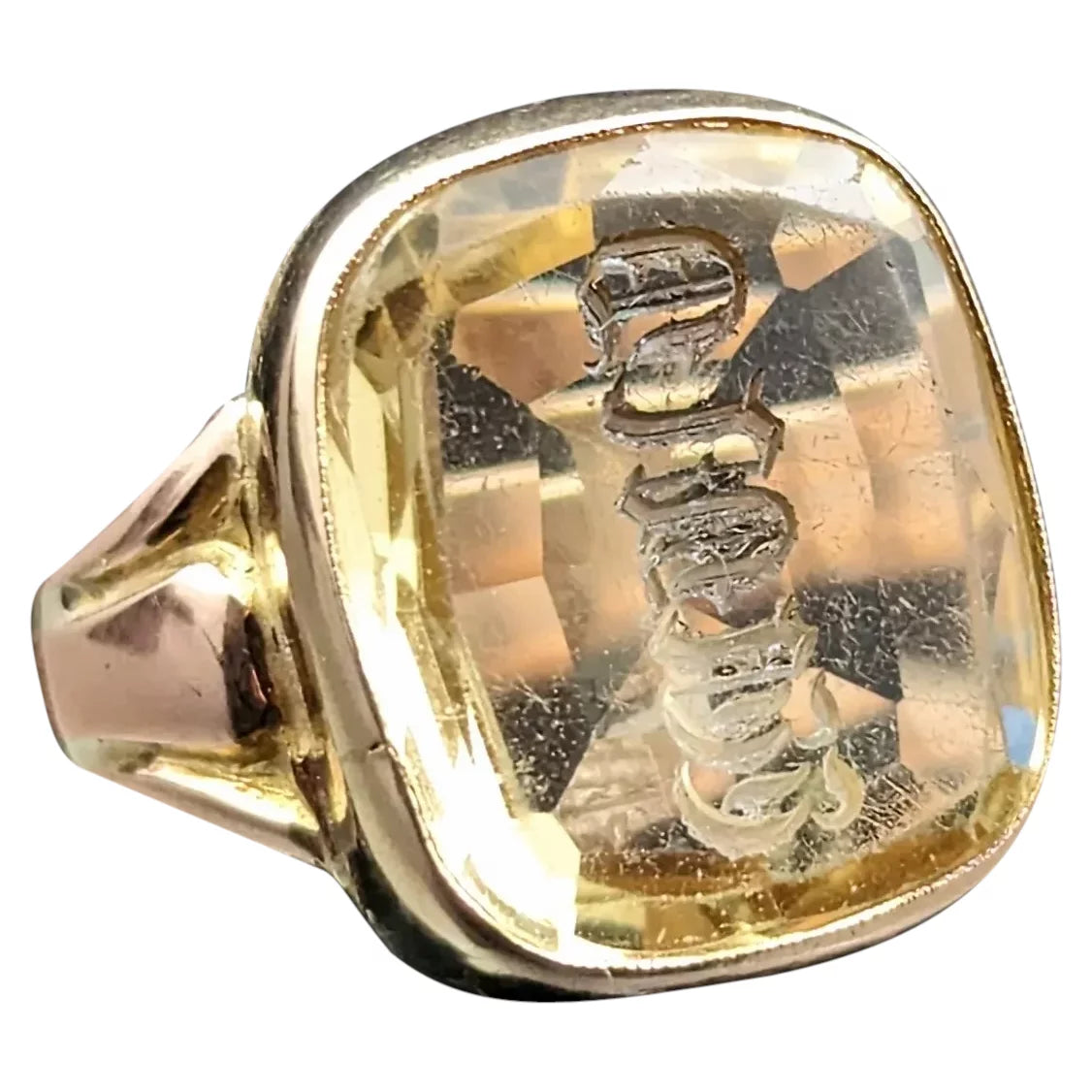 Antique Citrine intaglio seal ring, monogrammed, signet, 9ct gold