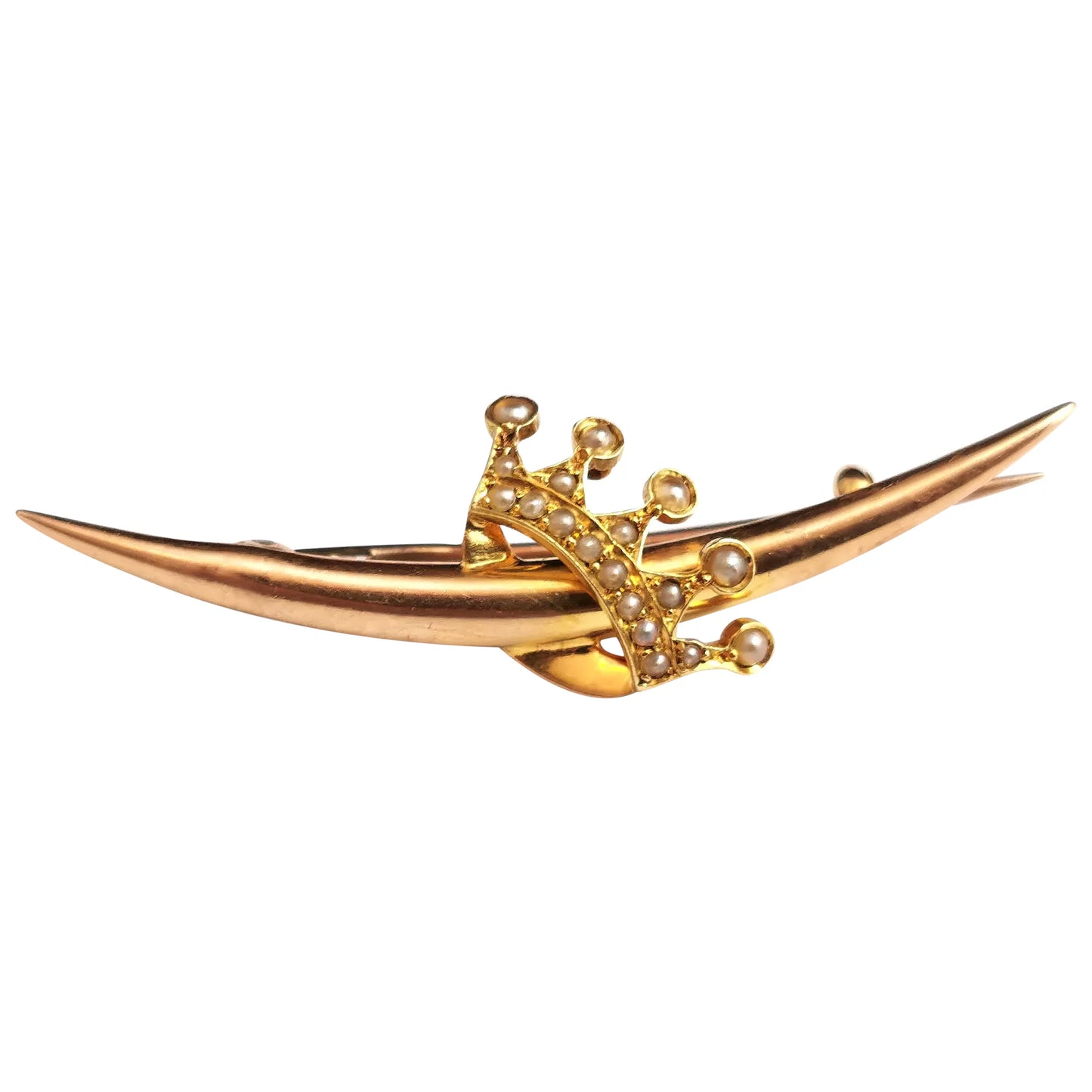 Antique Crescent and Crown brooch, 15ct gold and pearl, Victorian