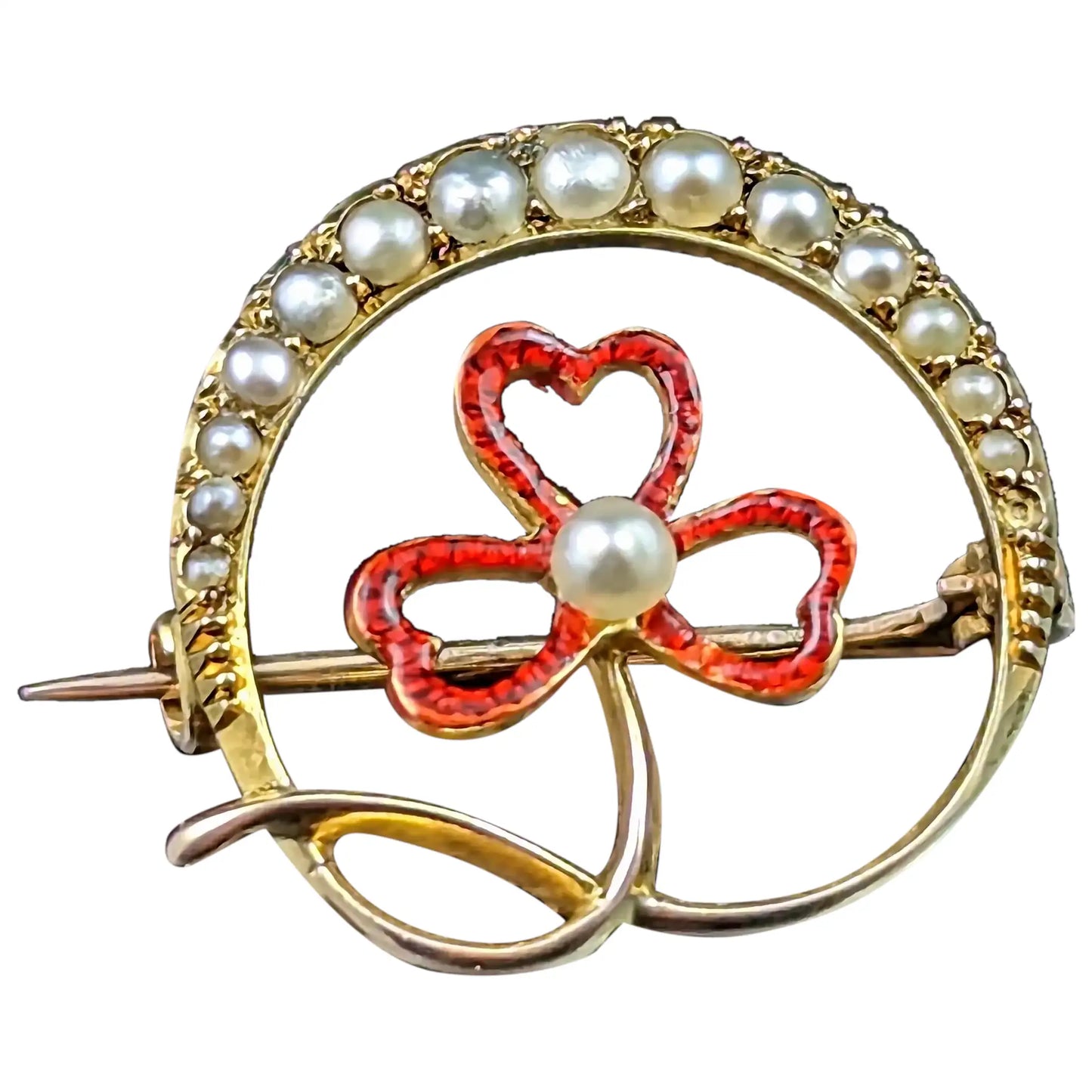 Antique Crescent and Shamrock brooch, Pearl and Red enamel, 15ct gold