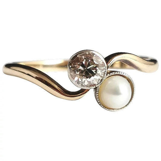 Antique Diamond and pearl Crossover ring, 18ct gold, Toi Et Moi