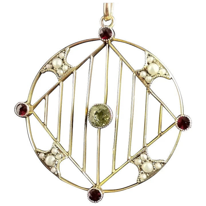 Antique Edwardian 9ct gold pendant, Peridot, Garnet and Pearl