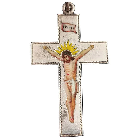 Antique Edwardian silver and enamel Cross pendant, INRI
