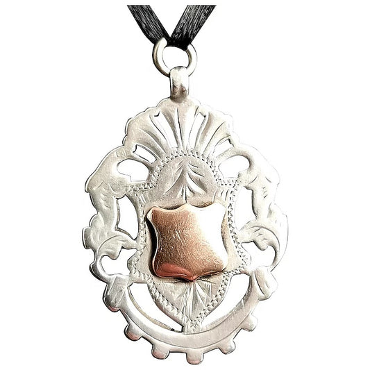 Antique Edwardian silver shield fob pendant, watch fob, 9ct Rose gold
