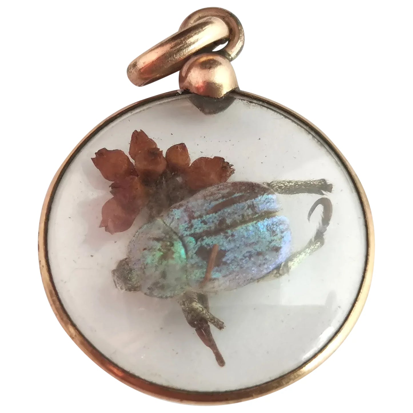 Antique French Beetle and Flower locket pendant, 9ct Rose gold
