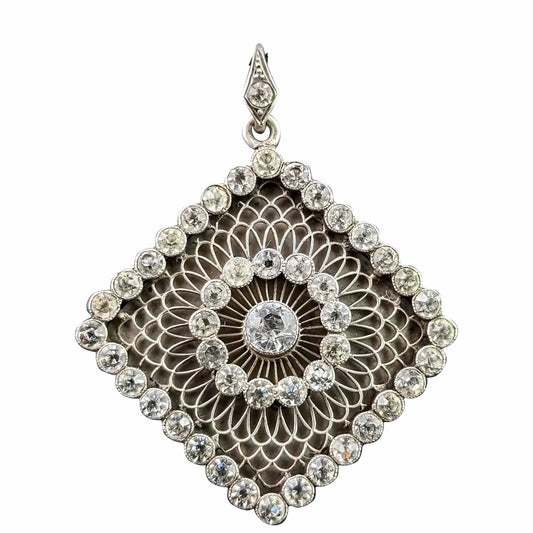Antique French silver and paste pendant, Diamond shape, Filigree