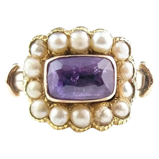 Antique George IV mourning ring, Amethyst and Pearl