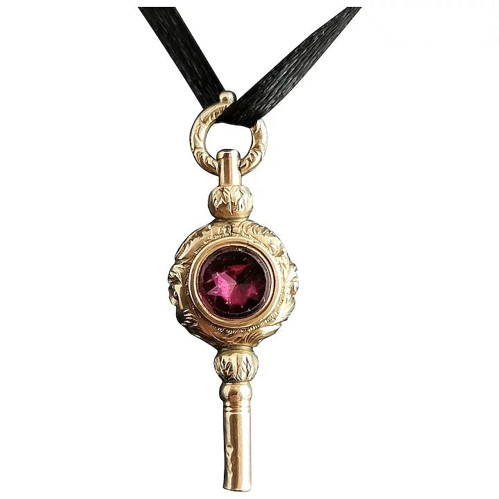 Antique Georgian 9ct gold watch key pendant, Amethyst and Bloodstone, pendant