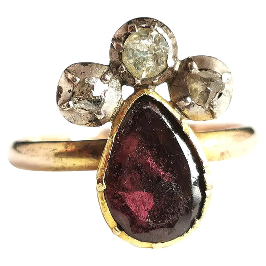 Reserved: Antique Georgian crowned heart ring, Flat cut garnet, Rose cut diamond, 9ct gold