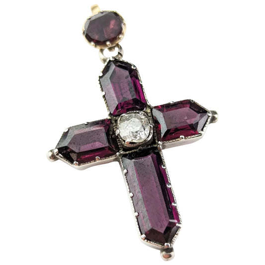 Antique Georgian Diamond and Almandine Garnet Cross pendant, 9ct gold and silver
