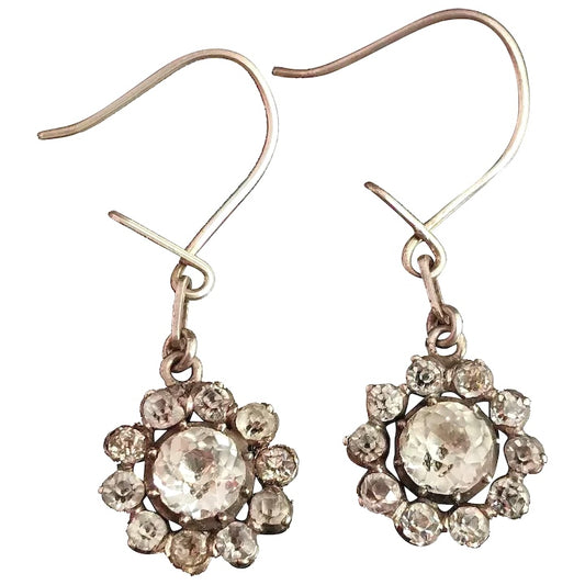 Antique Georgian black dot paste flower earrings, Sterling silver