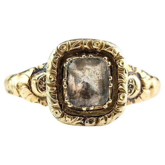 Antique Georgian foiled Quartz ring, 12ct gold, Chased and engraved