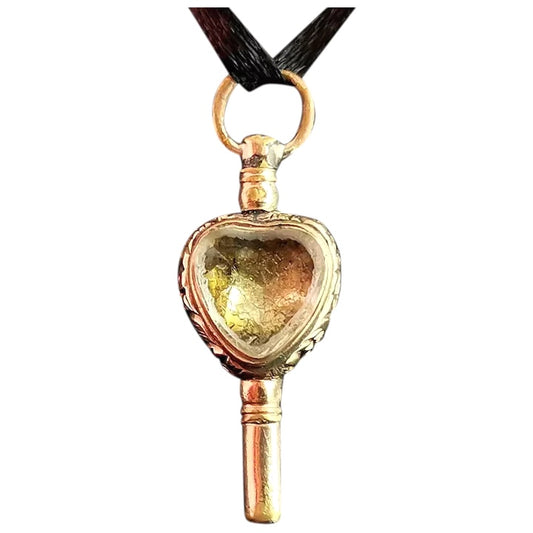 Antique Georgian 9ct gold heart watch key, citrine and bloodstone