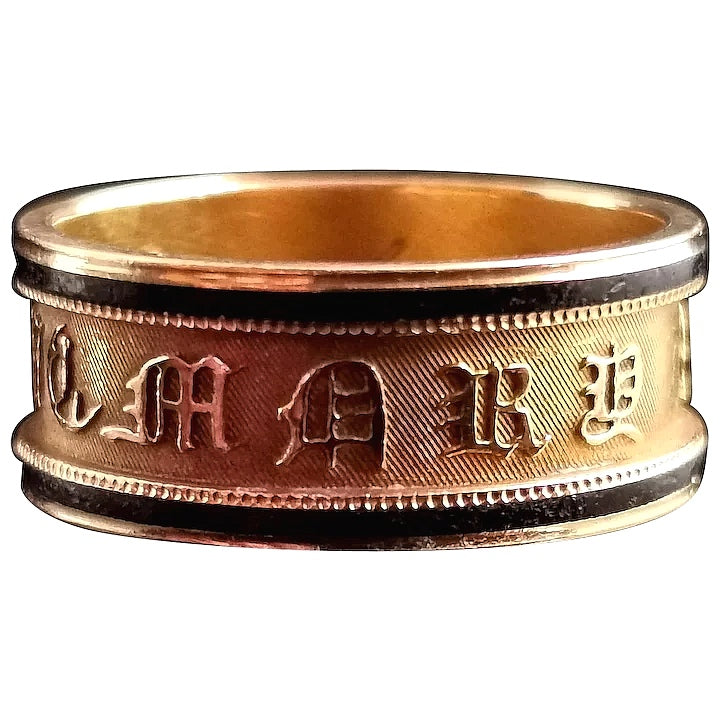 Antique Georgian mourning band ring, 18ct gold, Black enamel, In Memory Of