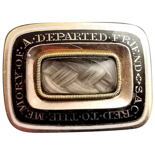 Antique Georgian mourning brooch, 9ct gold, hairwork, Black and White enamel