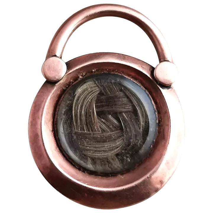 Antique Georgian padlock mourning brooch, 9ct Rose gold, Hairwork