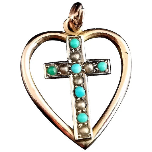 Antique Heart and Cross pendant, Turquoise and seed pearl, 9ct Rose gold