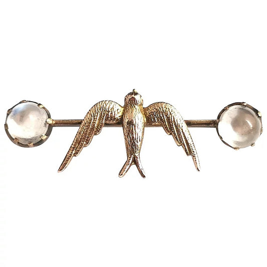 Antique Moonstone Swallow brooch, 12ct gold, Edwardian pin