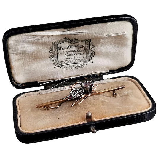 Antique Moonstone beetle brooch, Ruby, Diamond and Garnet, 15ct gold, boxed