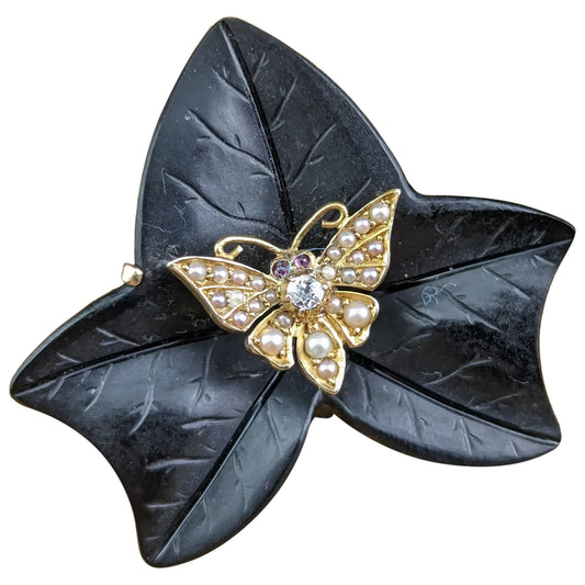 Antique Moth and Ivy leaf mourning brooch, Whitby jet, Diamond, pearl and Ruby, 15ct gold