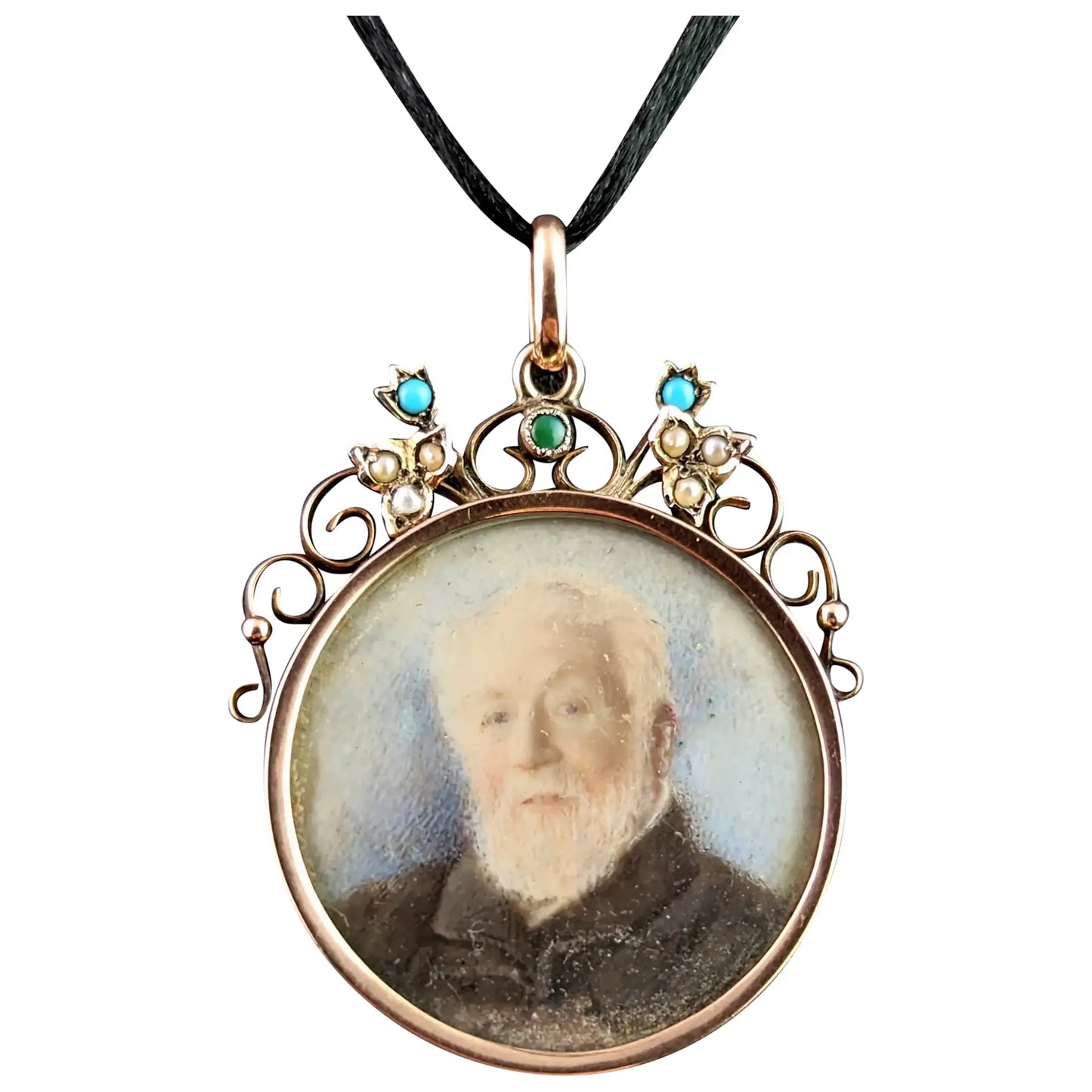 Antique Mourning locket pendant, 9ct gold, portrait, turquoise and pearl
