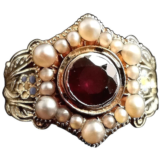 Antique Mourning ring, 18ct gold, Enamel, Pearl and Garnet, William IV