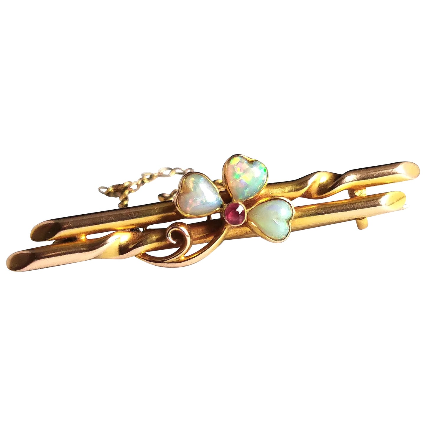 Antique Opal and Ruby shamrock brooch, 15ct gold, boxed
