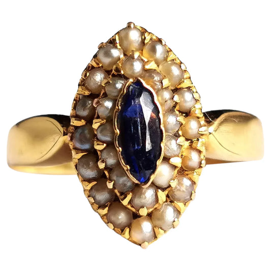 Antique blue paste and seed pearl navette ring, 9ct yellow gold