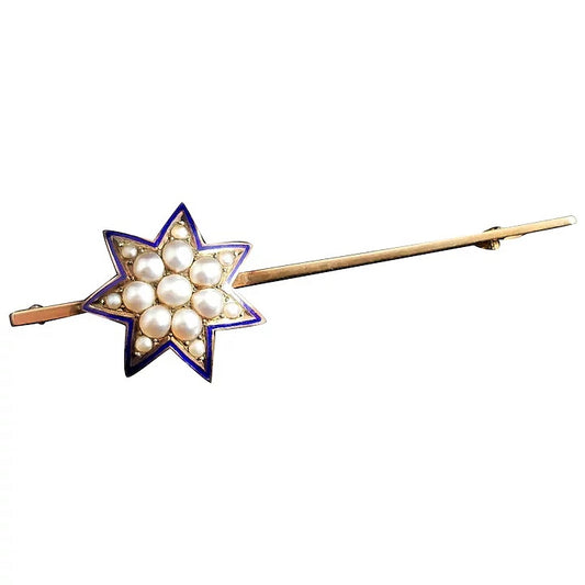 Antique Star brooch, pearl and blue enamel, 9ct gold