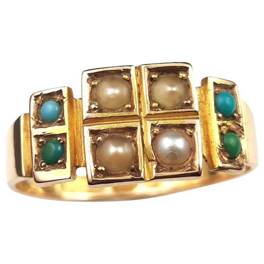 Antique Pearl and Turquoise ring, 15ct gold, Victorian