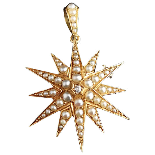 Antique Pearl and Diamond star pendant brooch, 18ct gold, Victorian, Boxed