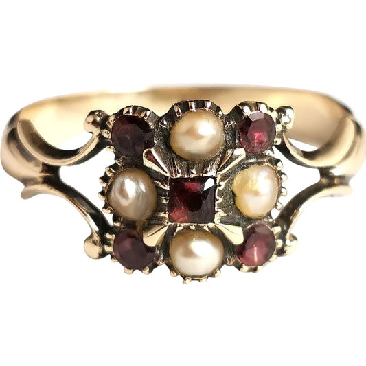 Antique Regency Garnet and seed pearl ring, 9ct yellow gold