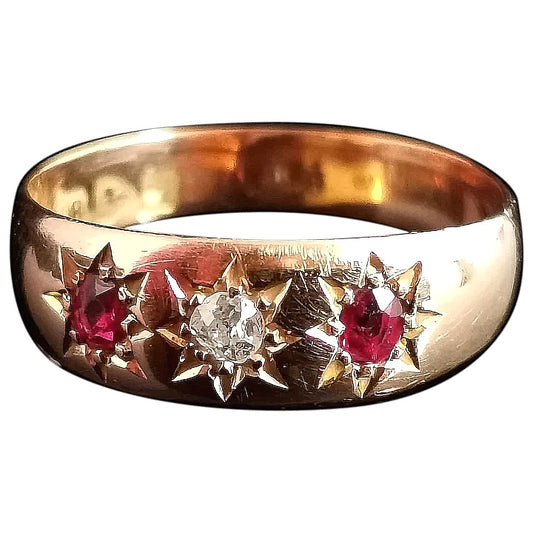 Antique Ruby and Diamond gypsy set ring, 18ct gold, Edwardian
