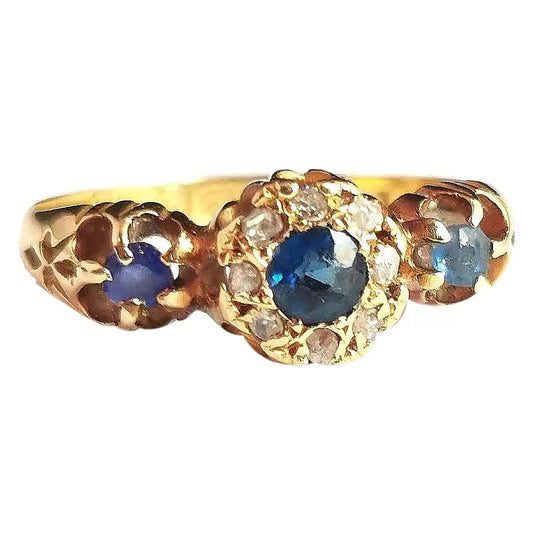 Antique Sapphire and diamond floral cluster ring, 18ct gold, Edwardian