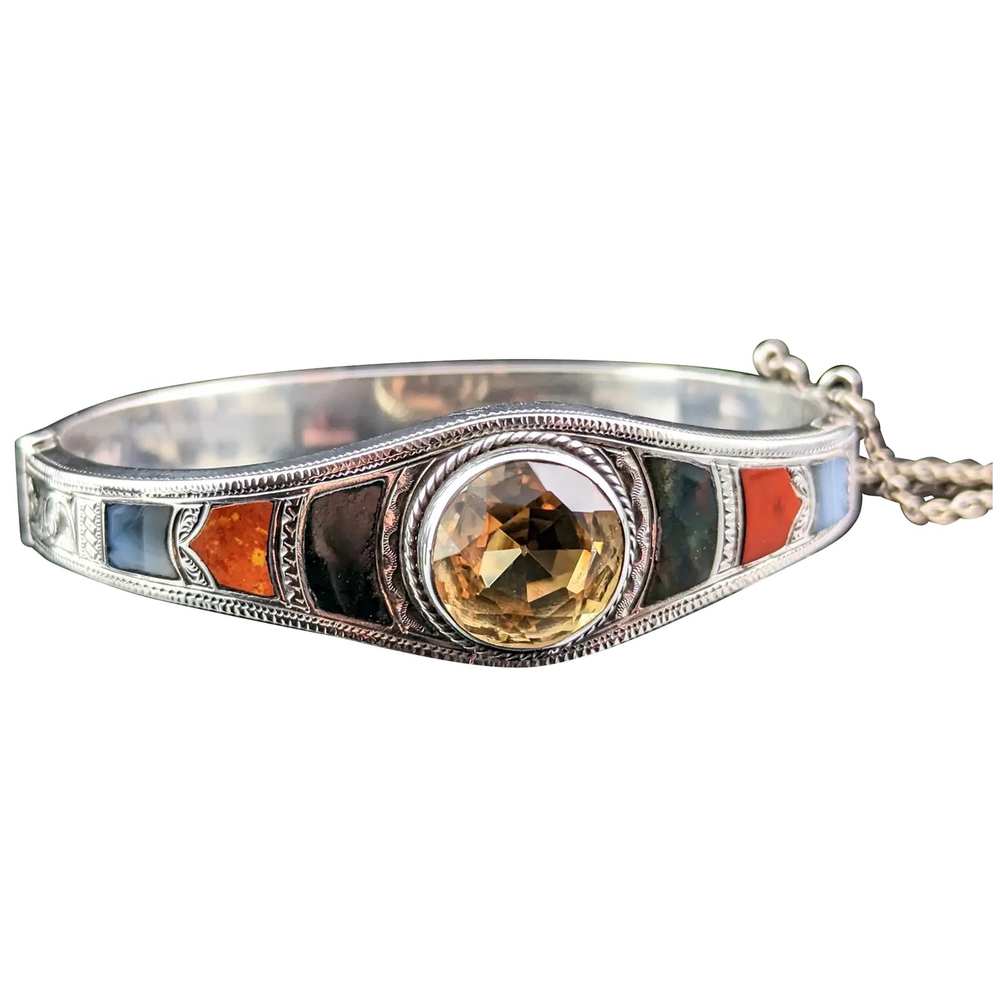 Antique Scottish Agate and citrine bangle, Sterling silver