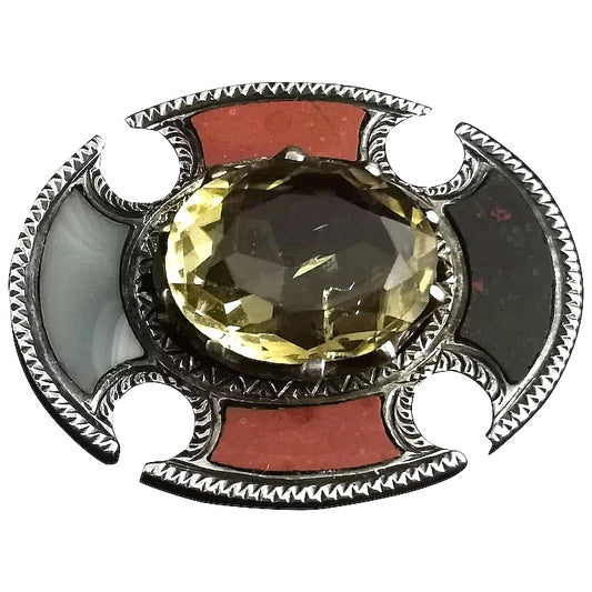 Antique Scottish agate and citrine brooch, sterling silver