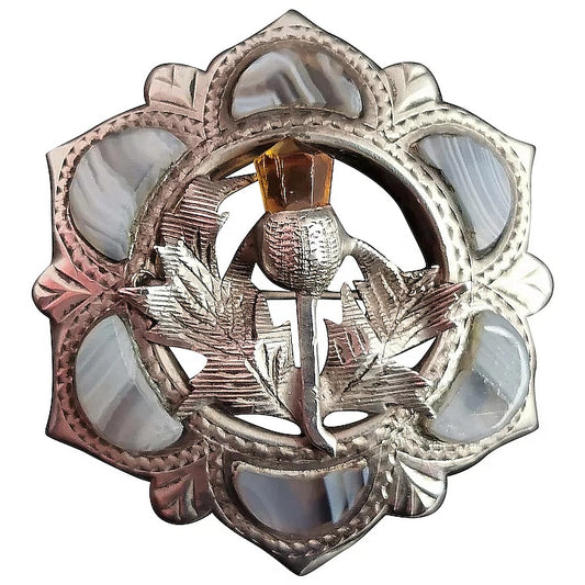 Antique Scottish agate and Silver Thistle brooch, Victorian
