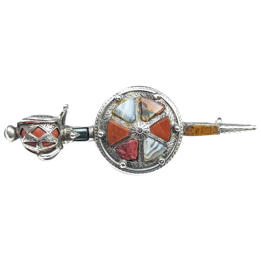 Antique Scottish agate Sword and shield brooch, Silver, Victorian