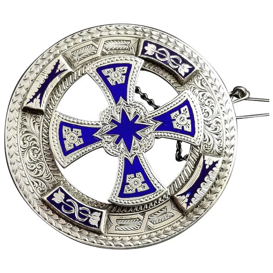 Antique Scottish silver and enamel brooch, Celtic Cross, Victorian