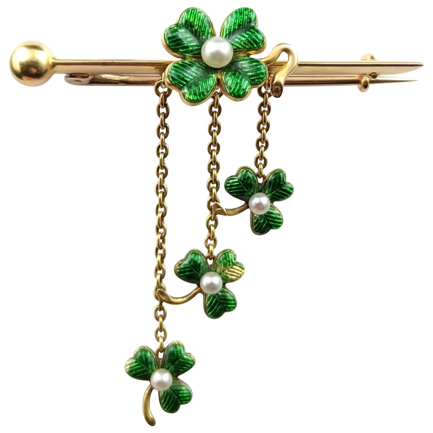 Antique Shamrock brooch, 15ct gold, Guilloche enamel and seed pearl