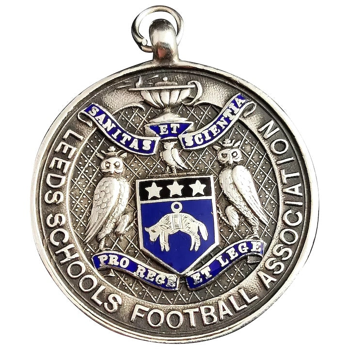 Antique silver watch fob pendant, Enamelled, Football