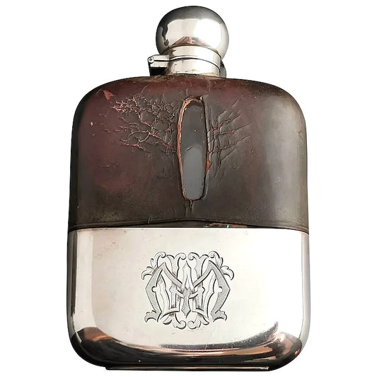 Antique Sterling silver, Glass and leather hip flask, James Dixon, Edwardian