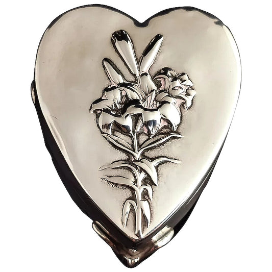 Antique Silver heart shaped jewellery box, Art Nouveau