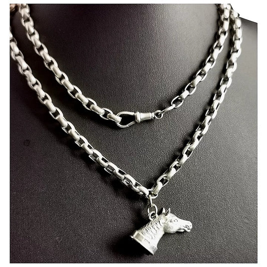 Antique silver horse seal fob pendant, Belcher link long chain necklace, Bloodstone