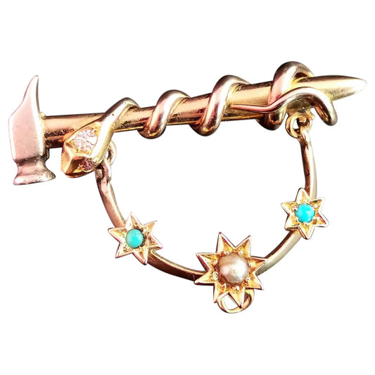 Antique Snake, Hammer and Stars brooch, 9ct gold and silver, Diamond, Ruby, Turquoise and pearl